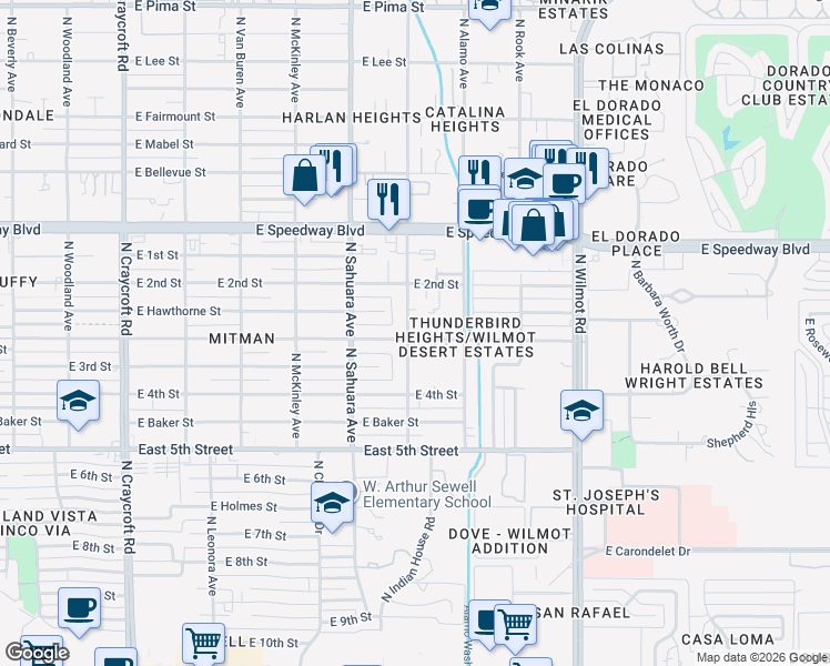 map of restaurants, bars, coffee shops, grocery stores, and more near 6030 East Rosewood Street in Tucson