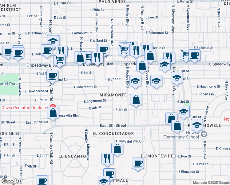 map of restaurants, bars, coffee shops, grocery stores, and more near 3520 East 3rd Street in Tucson