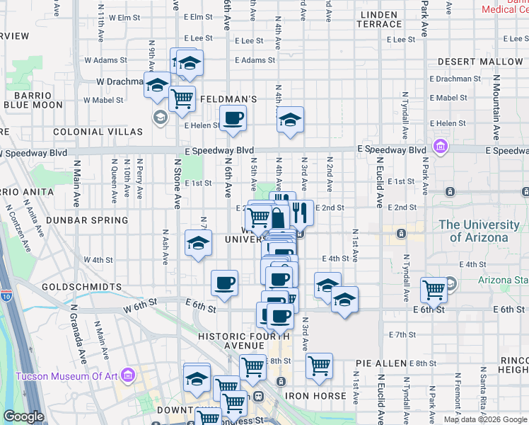 map of restaurants, bars, coffee shops, grocery stores, and more near 314 East 2nd Street in Tucson