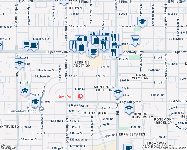 map of restaurants, bars, coffee shops, grocery stores, and more near 926 North Belvedere Avenue in Tucson