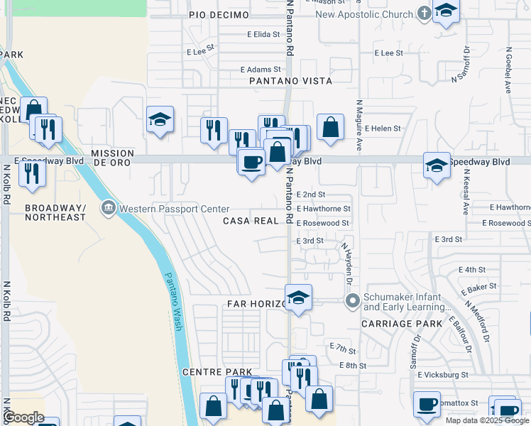 map of restaurants, bars, coffee shops, grocery stores, and more near 7822 East Hawthorne Street in Tucson