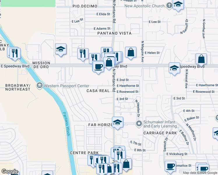 map of restaurants, bars, coffee shops, grocery stores, and more near 7850 East Hawthorne Street in Tucson