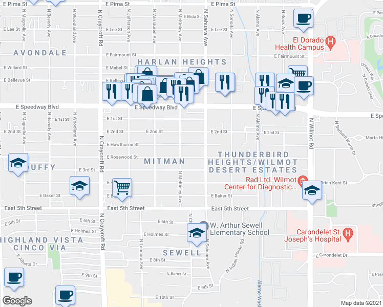 map of restaurants, bars, coffee shops, grocery stores, and more near 5825 East Rosewood Street in Tucson