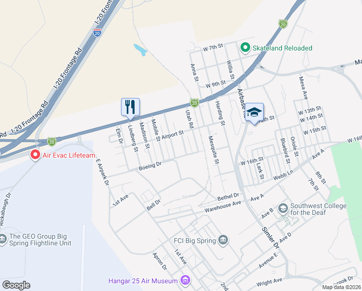 map of restaurants, bars, coffee shops, grocery stores, and more near 1504 Kindle Road in Big Spring
