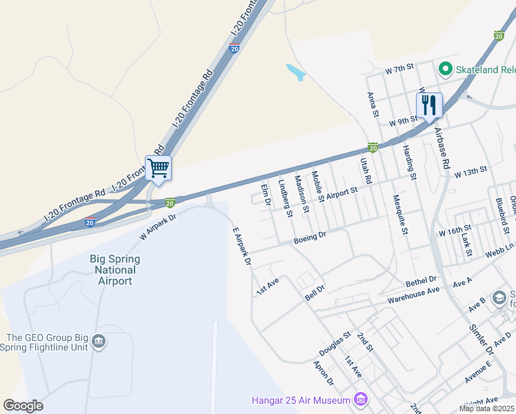 map of restaurants, bars, coffee shops, grocery stores, and more near 4206 Walnut Street in Big Spring