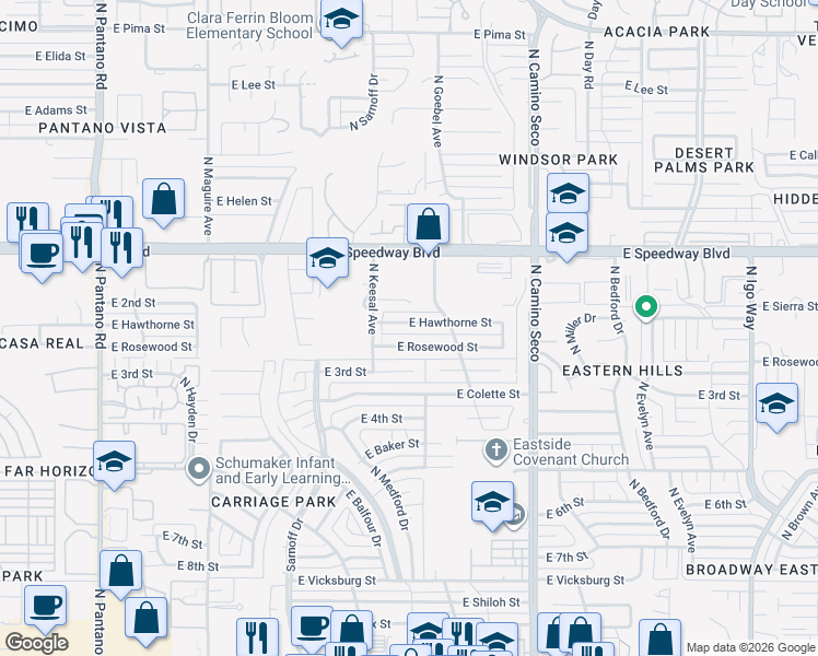 map of restaurants, bars, coffee shops, grocery stores, and more near 8501 East Hawthorne Street in Tucson