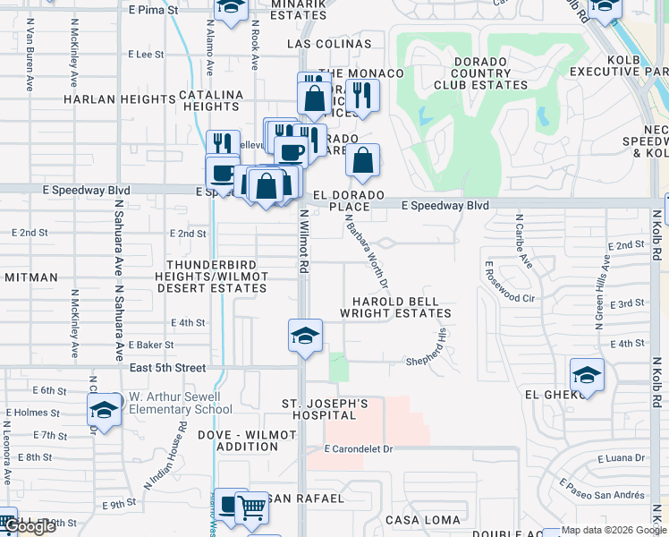 map of restaurants, bars, coffee shops, grocery stores, and more near 6391 E Printer Udell St in Tucson