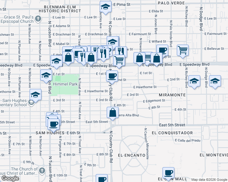 map of restaurants, bars, coffee shops, grocery stores, and more near 930 North Country Club Road in Tucson