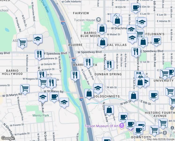 map of restaurants, bars, coffee shops, grocery stores, and more near 909 North Van Alstine Street in Tucson