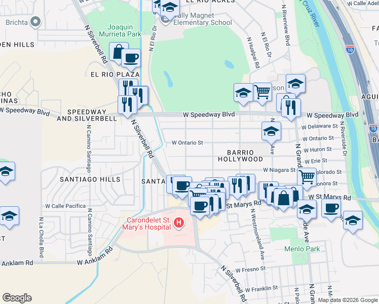 map of restaurants, bars, coffee shops, grocery stores, and more near 1543 West Ontario Street in Tucson