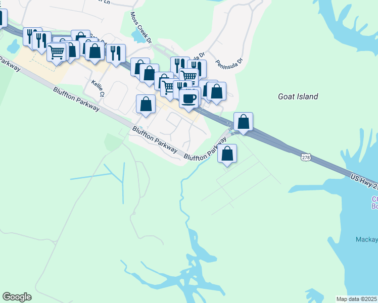 map of restaurants, bars, coffee shops, grocery stores, and more near 46 Wee Road in Hilton Head Island