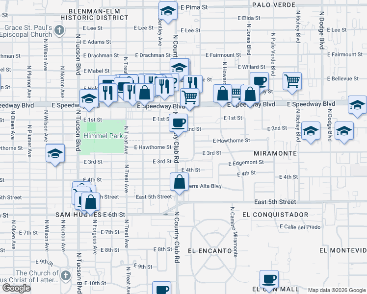 map of restaurants, bars, coffee shops, grocery stores, and more near 800 North Country Club Road in Tucson