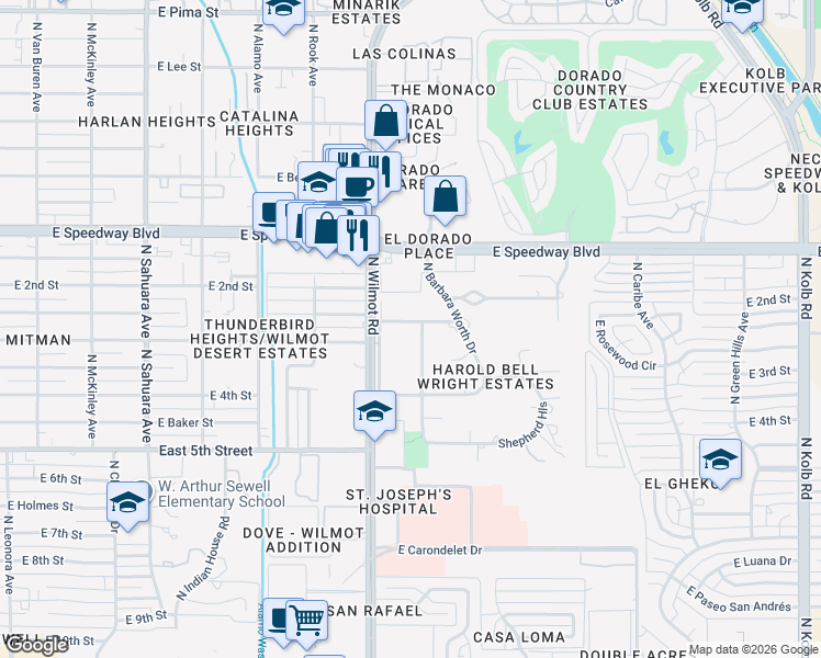 map of restaurants, bars, coffee shops, grocery stores, and more near 6391 East Printer Udell Street in Tucson