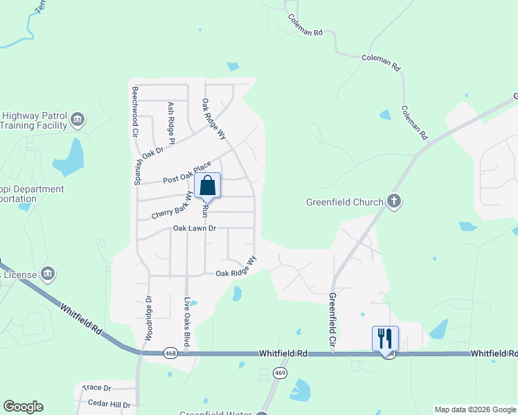 map of restaurants, bars, coffee shops, grocery stores, and more near 568 Oak Ridge Way in Pearl