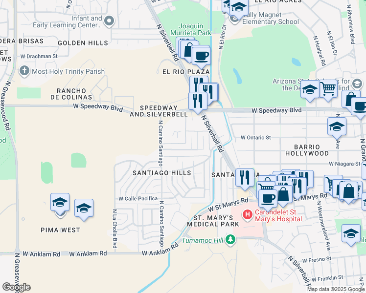 map of restaurants, bars, coffee shops, grocery stores, and more near 810 North Camino Santiago in Tucson