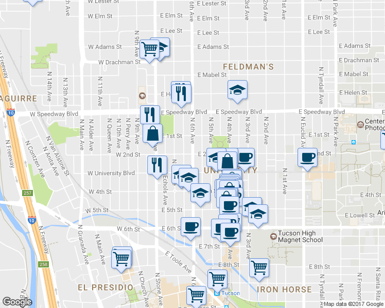 map of restaurants, bars, coffee shops, grocery stores, and more near East 2nd Street & North 6th Avenue in Tucson