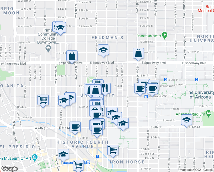 map of restaurants, bars, coffee shops, grocery stores, and more near E 2nd St & N 3rd Ave in Tucson