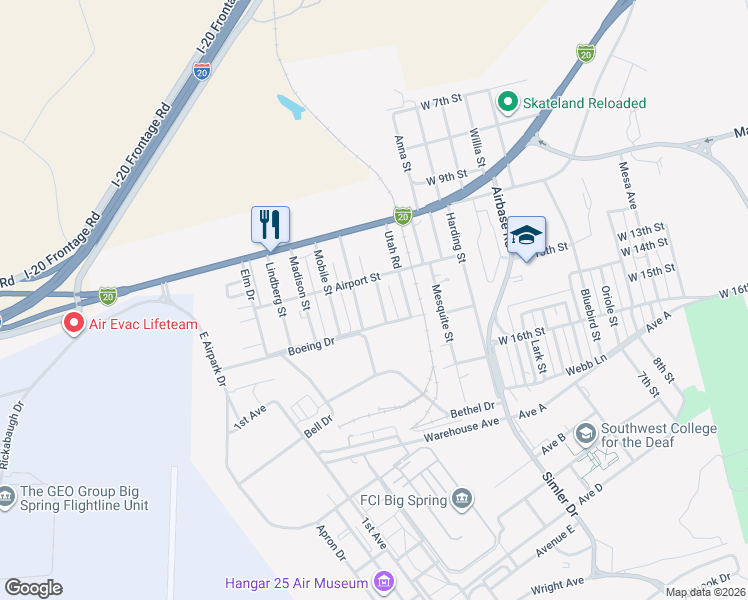 map of restaurants, bars, coffee shops, grocery stores, and more near 1504 Kindle Road in Big Spring