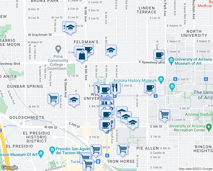 map of restaurants, bars, coffee shops, grocery stores, and more near E 2nd St & N 4th Ave in Tucson