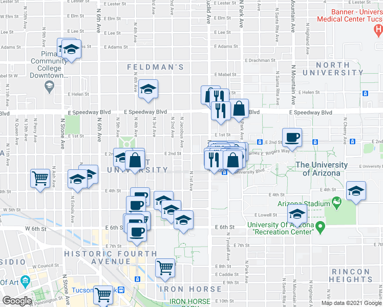 map of restaurants, bars, coffee shops, grocery stores, and more near N 1st Ave & E 2nd St in Tucson