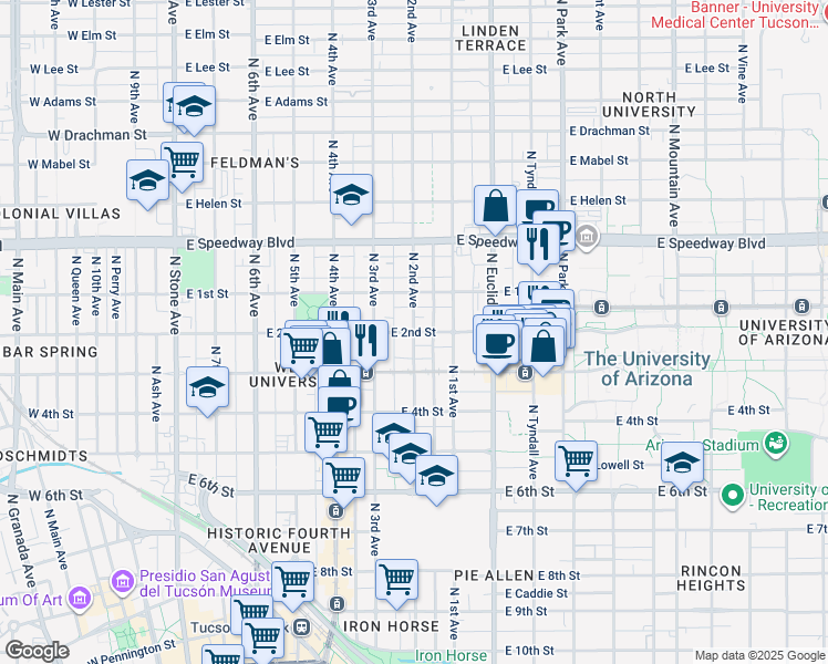 map of restaurants, bars, coffee shops, grocery stores, and more near East 2nd Street & North 2nd Avenue in Tucson