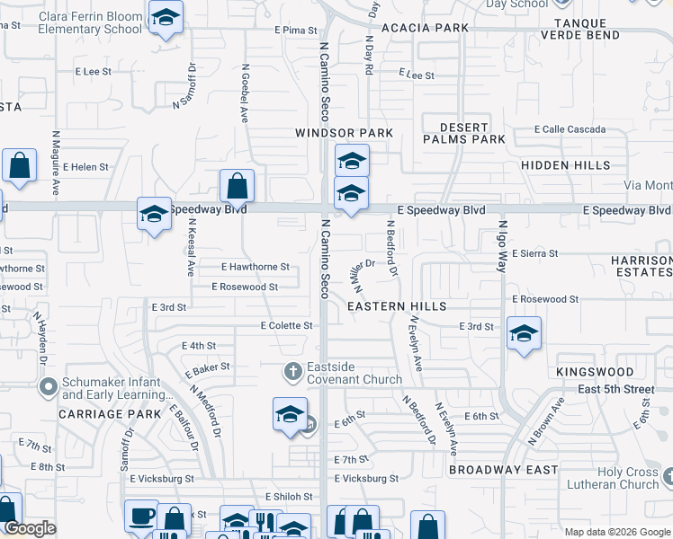 map of restaurants, bars, coffee shops, grocery stores, and more near 936 North Camino Seco in Tucson