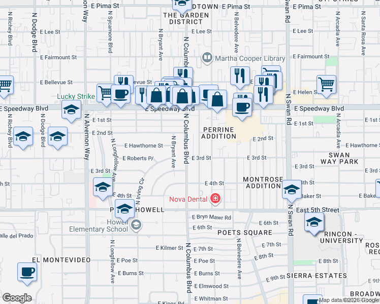map of restaurants, bars, coffee shops, grocery stores, and more near 942 North Columbus Boulevard in Tucson