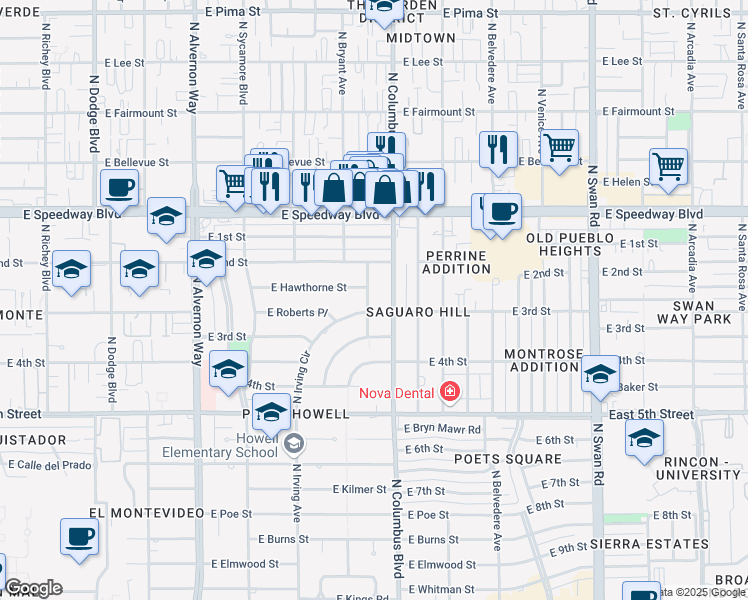 map of restaurants, bars, coffee shops, grocery stores, and more near 4220 East Hawthorne Street in Tucson