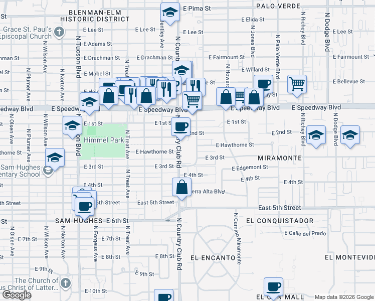 map of restaurants, bars, coffee shops, grocery stores, and more near 930 North Country Club Road in Tucson