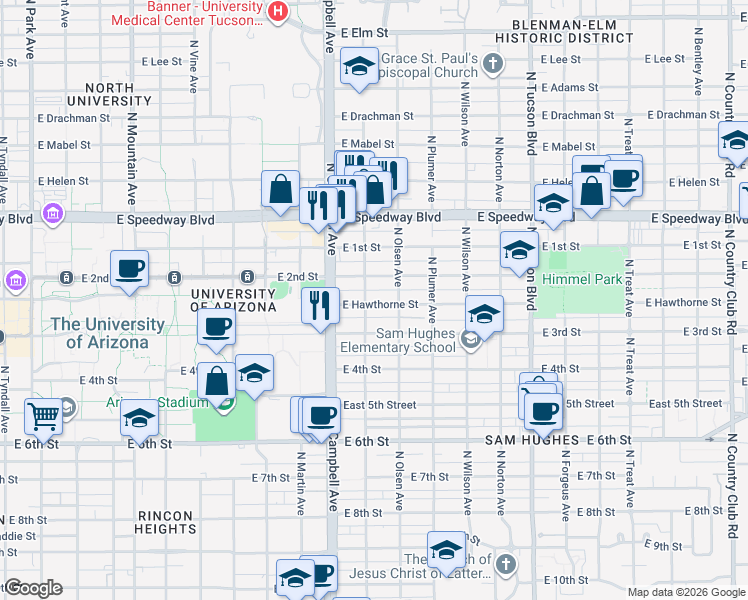 map of restaurants, bars, coffee shops, grocery stores, and more near 2034 East 2nd Street in Tucson
