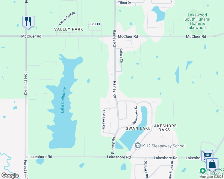 map of restaurants, bars, coffee shops, grocery stores, and more near 4024 Rainey Road in Jackson