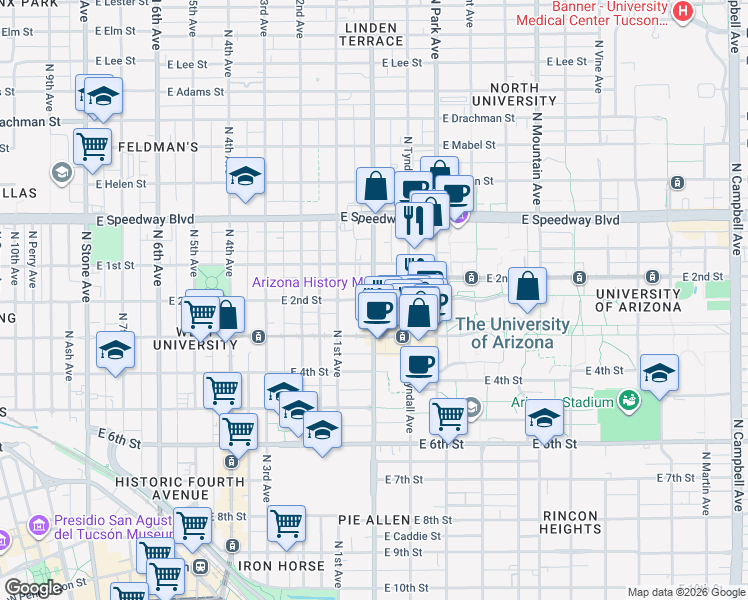 map of restaurants, bars, coffee shops, grocery stores, and more near N Euclid Ave & E 2nd St in Tucson