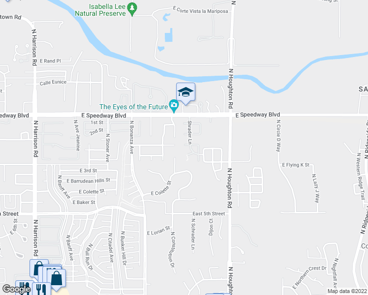 map of restaurants, bars, coffee shops, grocery stores, and more near 10116 East Arizmo Street in Tucson