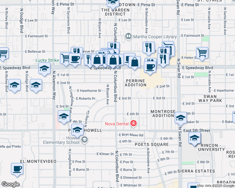 map of restaurants, bars, coffee shops, grocery stores, and more near 918 North Columbus Boulevard in Tucson