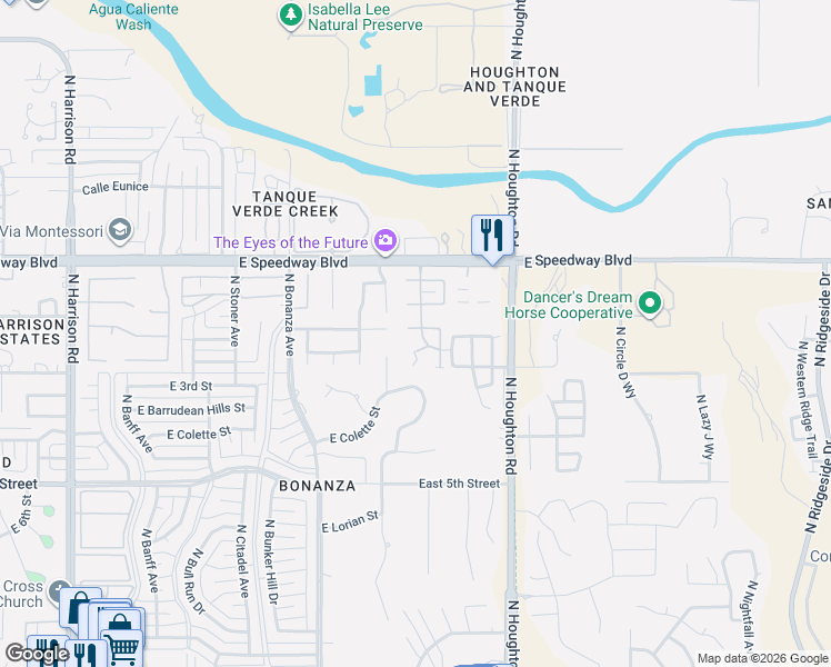 map of restaurants, bars, coffee shops, grocery stores, and more near 10126 East Arizmo Street in Tucson