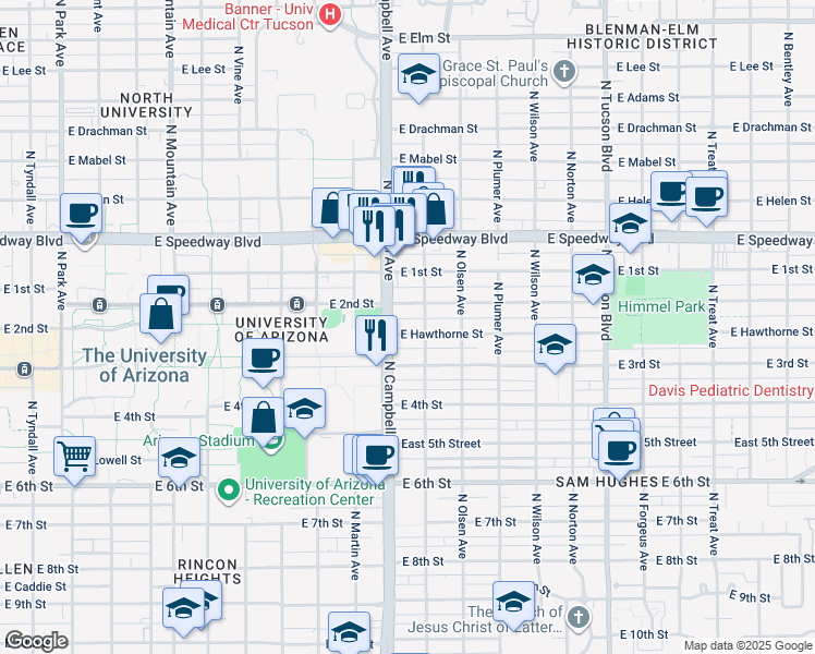 map of restaurants, bars, coffee shops, grocery stores, and more near 1921 East Hawthorne Street in Tucson