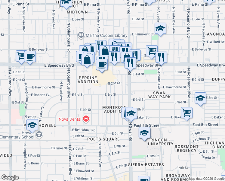 map of restaurants, bars, coffee shops, grocery stores, and more near 955 North Venice Avenue in Tucson