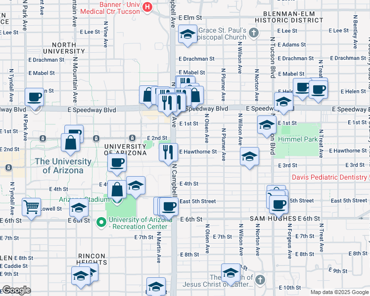 map of restaurants, bars, coffee shops, grocery stores, and more near 1928 East 2nd Street in Tucson