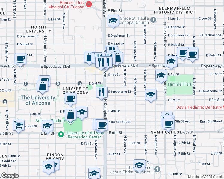 map of restaurants, bars, coffee shops, grocery stores, and more near 1928 East 2nd Street in Tucson