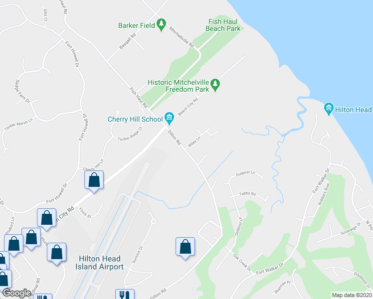 map of restaurants, bars, coffee shops, grocery stores, and more near 11 Arandas Way in Hilton Head Island