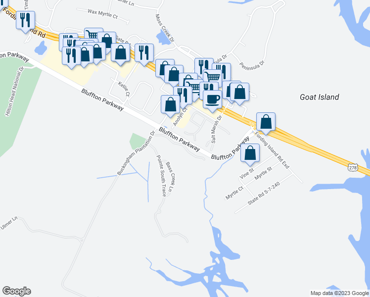 map of restaurants, bars, coffee shops, grocery stores, and more near 5 Old Ferry Point in Hilton Head Island