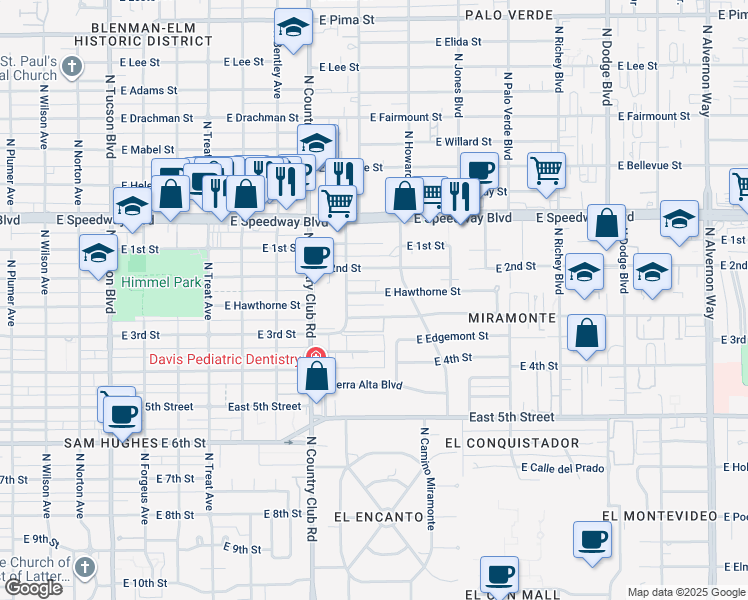map of restaurants, bars, coffee shops, grocery stores, and more near 3249 East Hawthorne Street in Tucson