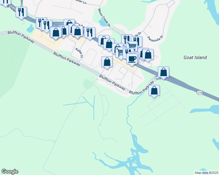 map of restaurants, bars, coffee shops, grocery stores, and more near 16 Old South Court in Bluffton
