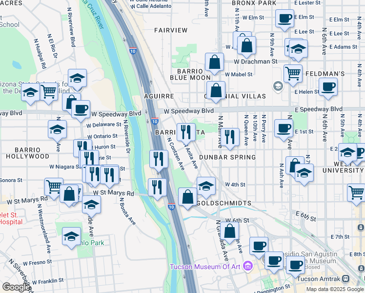 map of restaurants, bars, coffee shops, grocery stores, and more near 966 North Contzen Avenue in Tucson
