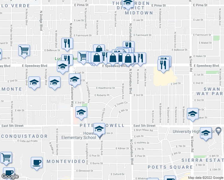 map of restaurants, bars, coffee shops, grocery stores, and more near 4133 East Hawthorne Street in Tucson