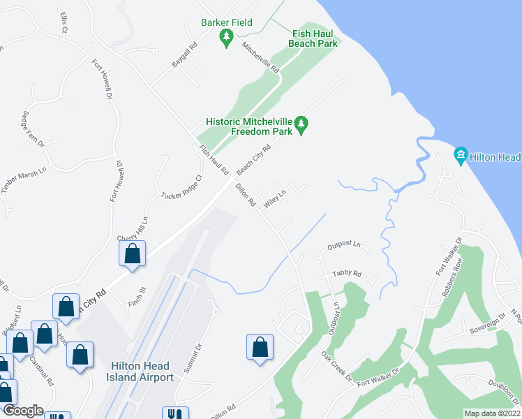 map of restaurants, bars, coffee shops, grocery stores, and more near 11 Arandas Way in Hilton Head Island