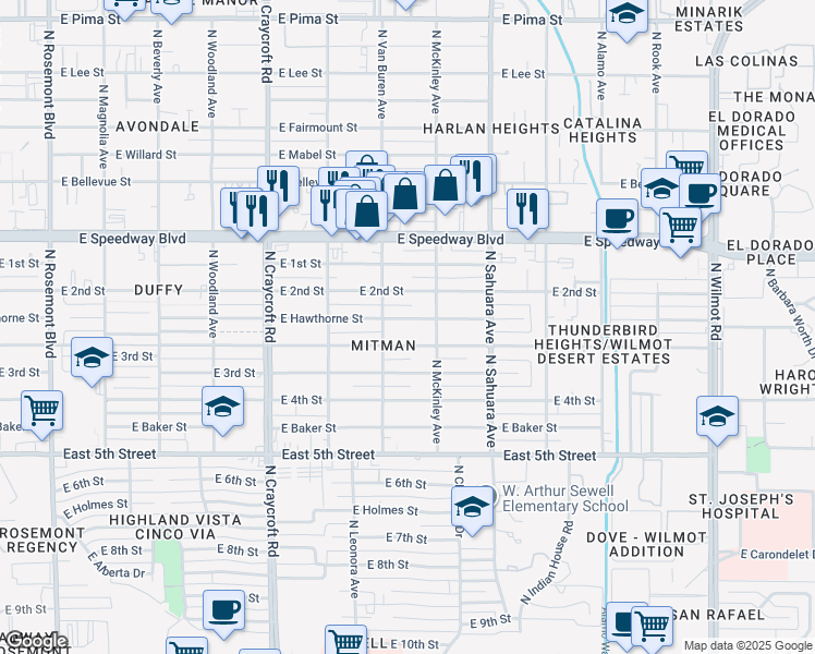 map of restaurants, bars, coffee shops, grocery stores, and more near 5737 East Hawthorne Street in Tucson