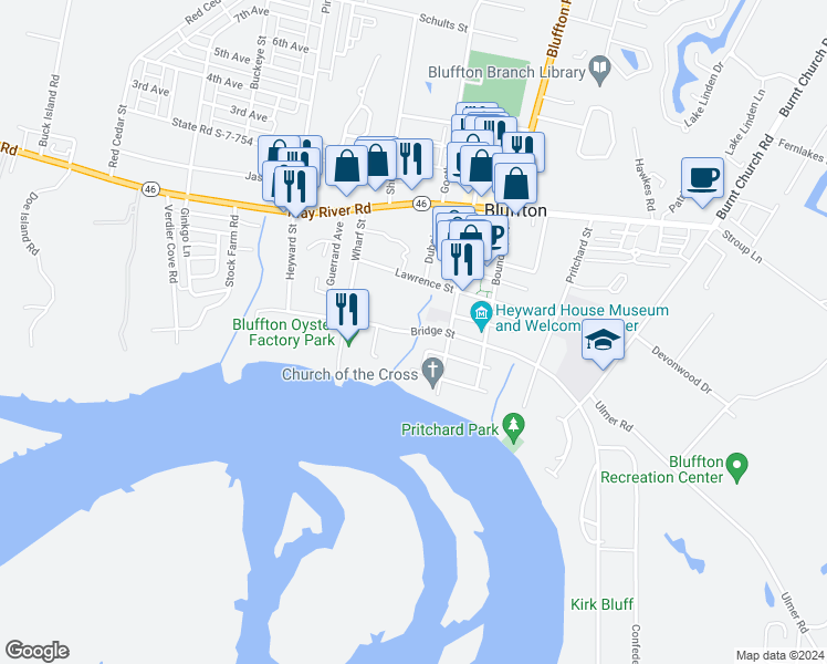 map of restaurants, bars, coffee shops, grocery stores, and more near Bridge Street in Bluffton