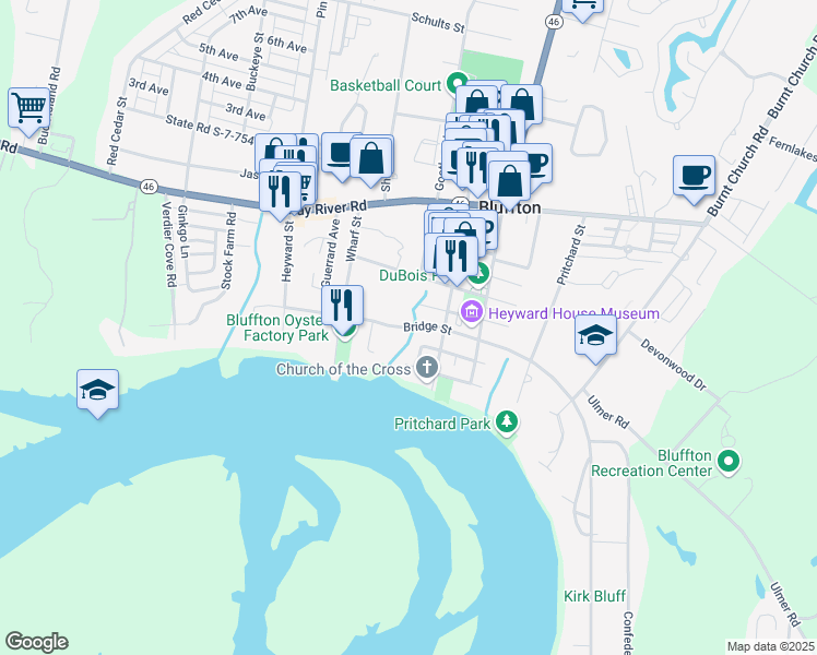 map of restaurants, bars, coffee shops, grocery stores, and more near Bridge Street in Bluffton