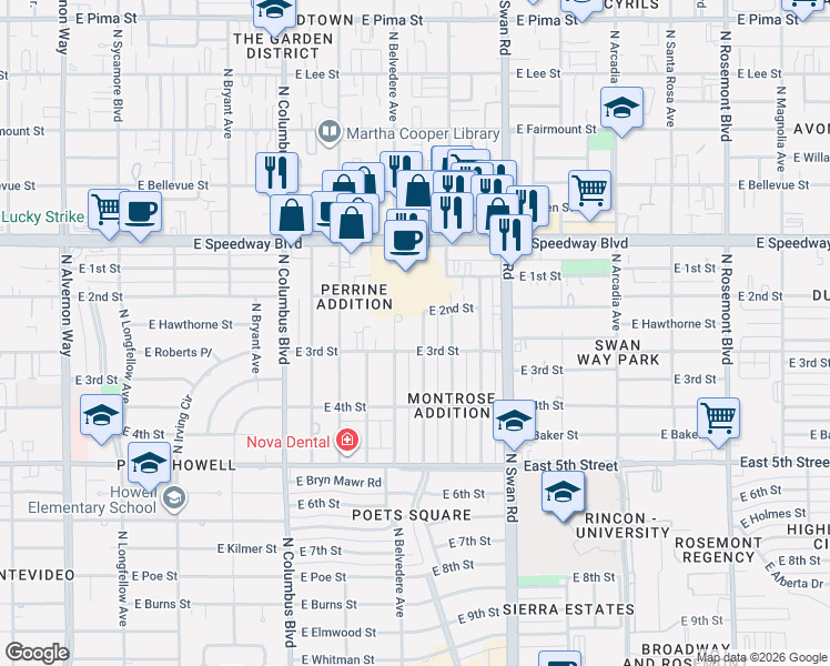 map of restaurants, bars, coffee shops, grocery stores, and more near 933 North Desert Avenue in Tucson